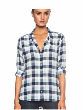 Equipment Adalyn Silk Plaid Button-Front Shirt - Navy & Mint